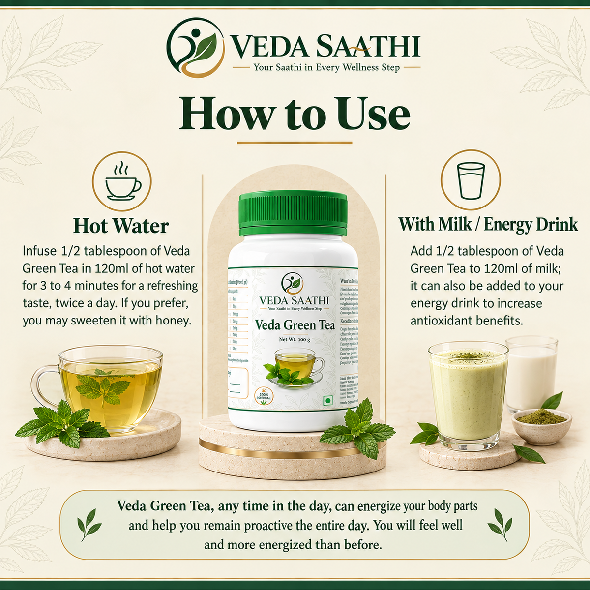 Veda Green Tea – Herbal Mint Green Tea | Moringa & Mint | 20 Tea Bags | VEDA SAATHI