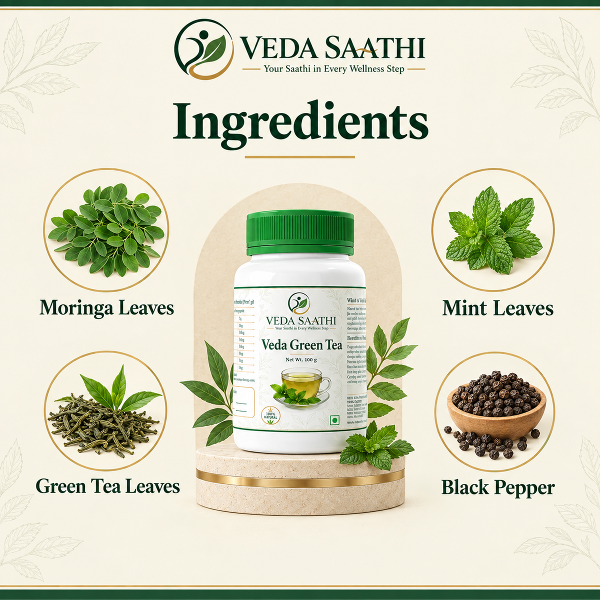 Veda Green Tea – Herbal Mint Green Tea | Moringa & Mint | 20 Tea Bags | VEDA SAATHI