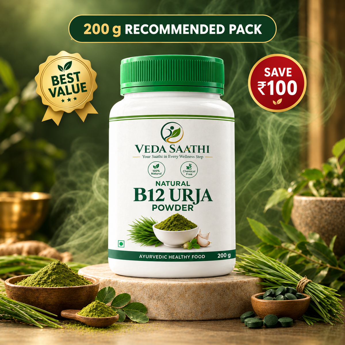 B12 Urja Powder – 200 g Recommended Pack | Plant-Based Vitamin B12 | VEDA SAATHI